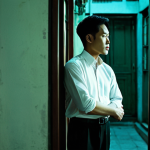 A sophisticated man in his late 20s or early 30s, exuding an air of contemplative elegance. Wearing a crisp, modest white shirt with sleeves rolled up to the forearms, and dark trousers. Fully clothed, appropriate attire, professional dress. Standing alone in a dimly lit, atmospheric Hong Kong apartment or a humid, old alleyway, with subtle hints of dark green and deep red lighting filtering through. A large mirror reflects his introspective gaze. Wisps of atmospheric haze gently drift in the air. Capturing a dreamlike, melancholic, and deeply introspective mood, reminiscent of Wong Kar-wai's iconic cinematic style. High contrast, soft focus, and a slightly rough film grain texture. Perfect anatomy, correct proportions, natural pose, well-formed hands, proper finger count, natural body proportions. Cinematic photography, professional portrait. Safe for work, appropriate content, fully clothed, modest, family-friendly.