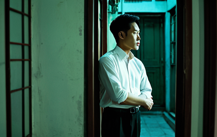 A sophisticated man in his late 20s or early 30s, exuding an air of contemplative elegance. Wearing a crisp, modest white shirt with sleeves rolled up to the forearms, and dark trousers. Fully clothed, appropriate attire, professional dress. Standing alone in a dimly lit, atmospheric Hong Kong apartment or a humid, old alleyway, with subtle hints of dark green and deep red lighting filtering through. A large mirror reflects his introspective gaze. Wisps of atmospheric haze gently drift in the air. Capturing a dreamlike, melancholic, and deeply introspective mood, reminiscent of Wong Kar-wai's iconic cinematic style. High contrast, soft focus, and a slightly rough film grain texture. Perfect anatomy, correct proportions, natural pose, well-formed hands, proper finger count, natural body proportions. Cinematic photography, professional portrait. Safe for work, appropriate content, fully clothed, modest, family-friendly.
