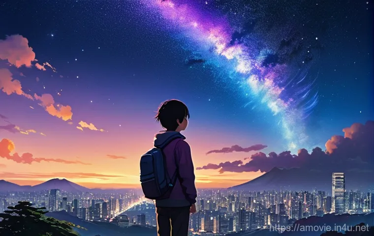 일본영화  너의 이름은  OST와 음악 분석 - **Prompt:** A visually stunning anime-style illustration capturing the essence of "Your Name." In th...