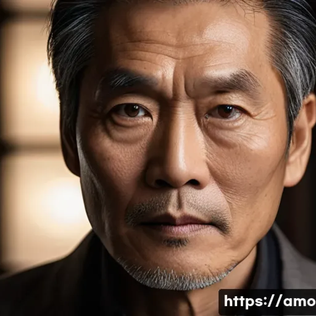 배우 양조위 출연작 리뷰 - A close-up portrait of a mature Asian male actor with intense, expressive eyes conveying deep emotio...