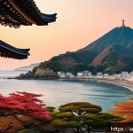 일본영화  바닷마을 다이어리 와 힐링 콘텐츠 - A serene coastal town at sunset, featuring a quiet beach with gentle waves lapping the shore, soft g...