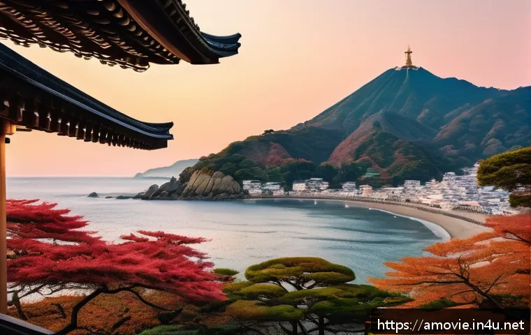 일본영화 바닷마을 다이어리 와 힐링 콘텐츠 - A serene coastal town at sunset, featuring a quiet beach with gentle waves lapping the shore, soft g...